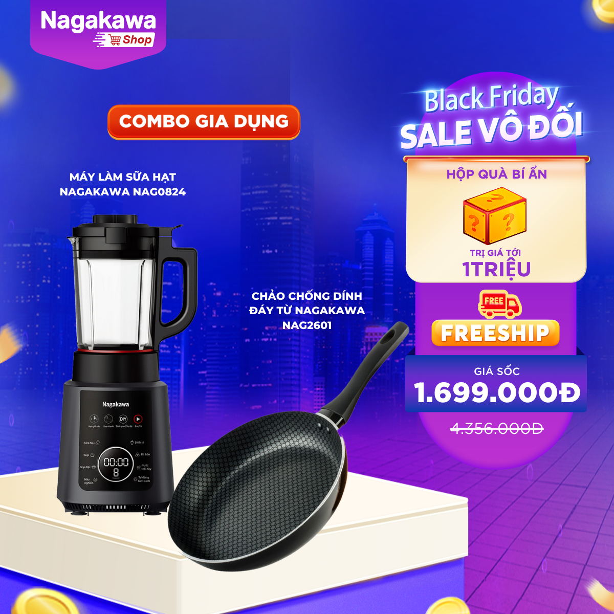 Combo Máy làm sữa hạt đa năng Nagakawa NAG0824 (1,2L - 1200W) + Chảo Chống Dính Đáy Từ Nagakawa NAG2601 (26cm)