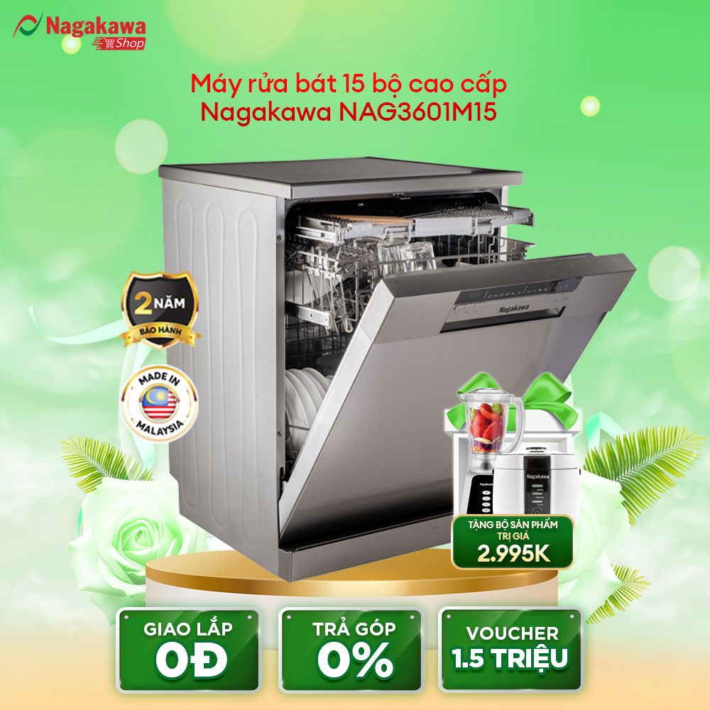 Máy rửa bát 15 bộ cao cấp Nagakawa NAG3601M15 - Bảo hành 2 năm - Made in Malaysia 