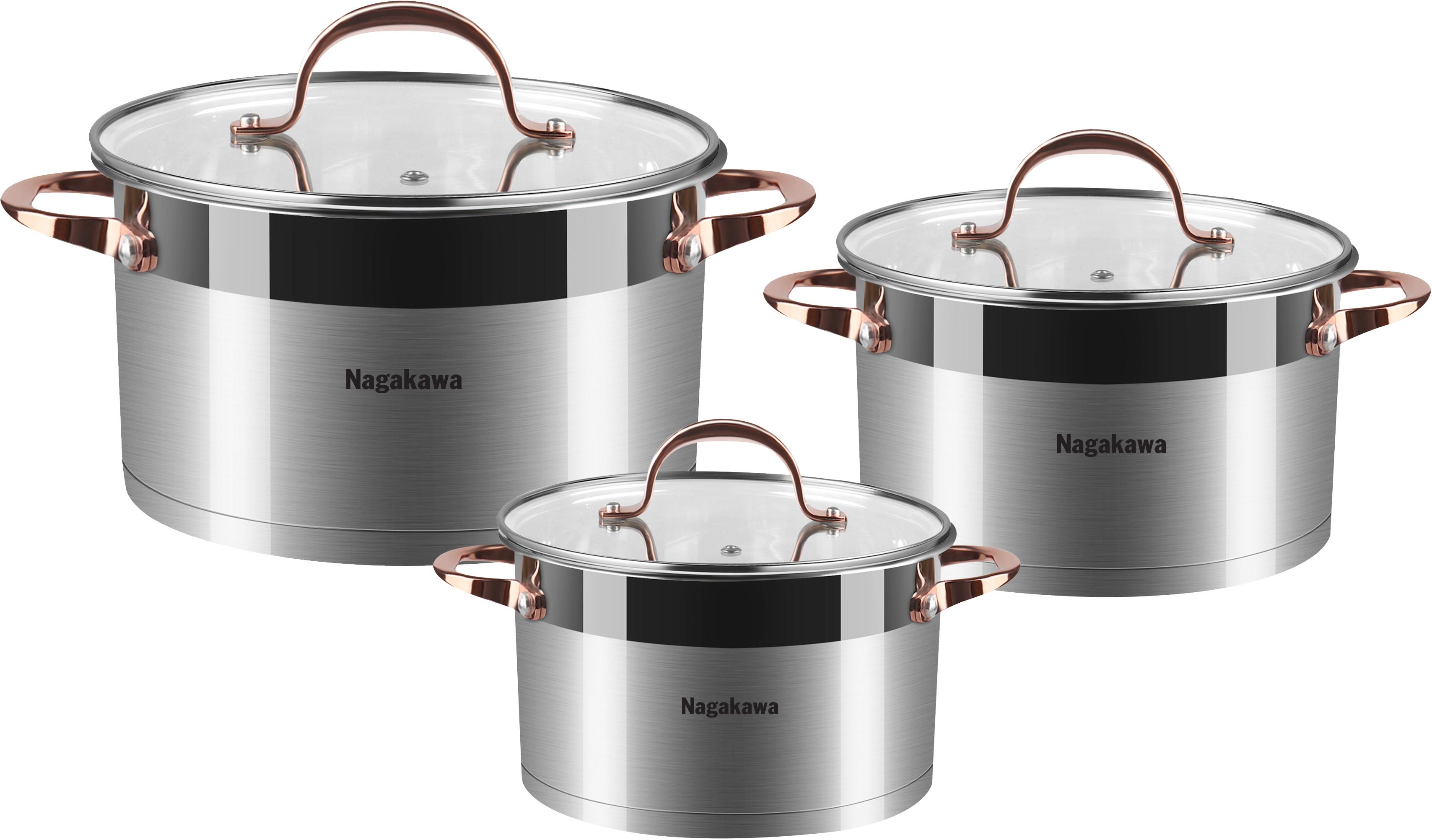 (APP) Bộ 3 nồi 5 đáy inox 304 Nagakawa NAG1352 (16cm, 20cm, 24cm) dùng cho mọi loại bếp - Hàng Chính Hãng