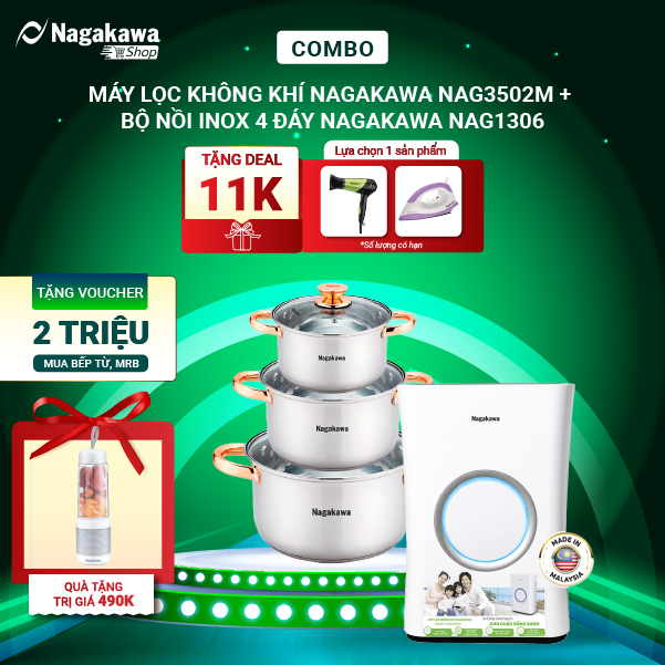 Combo Máy lọc không khí Nagakawa NAG3502M + Bộ nồi inox 4 đáy Nagakawa NAG1306