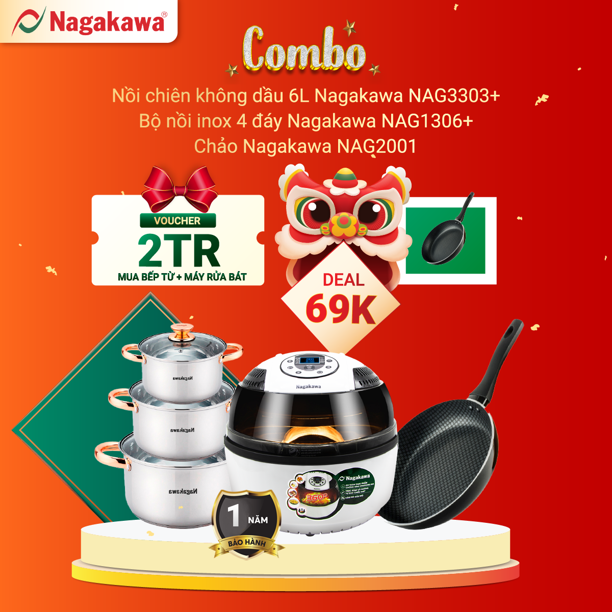 Combo Nồi chiên không dầu 9L Nagakawa NAG3303 + Bộ nồi inox 4 đáy Nagakawa NAG1306 + Chảo chống dính 5 đáy NAG2001