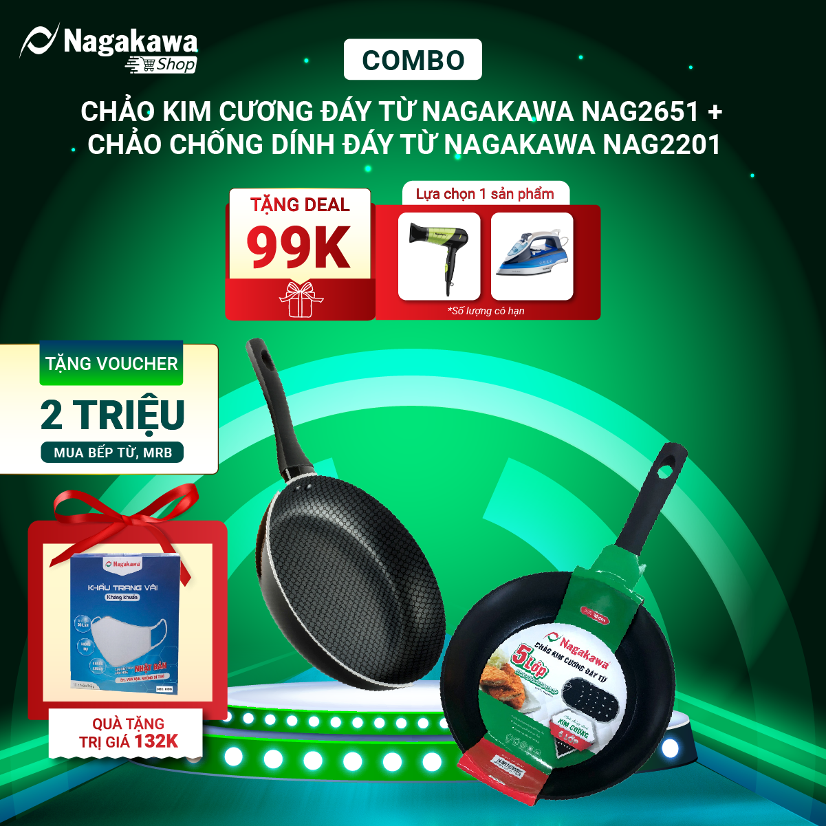 Combo Chảo kim cương đáy từ Nagakawa NAG2651 + Chảo chống dính đáy từ Nagakawa NAG2201